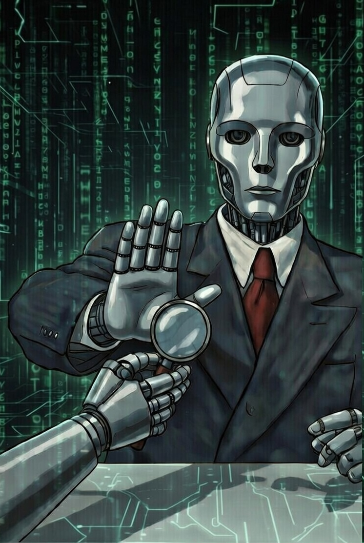 Robot gatekeeper stopping another robot - illustrating how AgentGate controls AI agent access